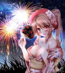 Rule 34 | 10s, 1girl, 2015, artist name, blush, breasts, brown hair, dated, female focus, fireworks, gradient background, hand fan, highres, japanese clothes, jotti, kimono, large breasts, long hair, looking at viewer, night, nipples, no bra, obi, off shoulder, original, paper fan, phantasy star, phantasy star online 2, pointy ears, ponytail, red eyes, reimusan (jotti), sash, signature, solo, uchiwa