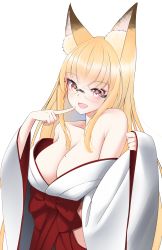 Rule 34 | 1girl, animal ear fluff, animal ears, bare shoulders, blonde hair, blush, breasts, cleavage, finger to mouth, fox ears, glasses, highres, japanese clothes, large breasts, long hair, looking at viewer, miko, mole, mole on breast, nekobaka, open mouth, original, red eyes, rimless eyewear, solo, transparent background, white background