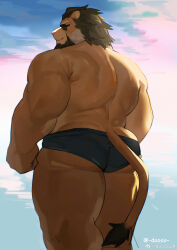 Rule 34 | 1boy, animal ears, arms at sides, arsalan (housamo), artist request, ass peek, bara, beard, black male swimwear, facial hair, feet out of frame, furry, furry male, highres, lion boy, lion ears, looking at viewer, looking back, male focus, male swimwear, mature male, medium hair, muscular, muscular male, seductive smile, smile, solo, strongman waist, sunglasses, swim briefs, thick eyebrows, thick thighs, thighs, tokyo houkago summoners