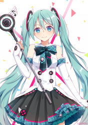 Rule 34 | 1girl, alternate costume, arm tattoo, artist name, azuyuki, black skirt, blue eyes, blue hair, cowboy shot, detached sleeves, floating hair, hair between eyes, hair ornament, halterneck, hatsune miku, highres, holding, holding microphone, lavaliere, long hair, looking at viewer, magical mirai miku, magical mirai miku (2017), microphone, microphone stand, miniskirt, parted bangs, pled skirt, skirt, smile, solo, standing, tattoo, twintails, very long hair, vocaloid, white background