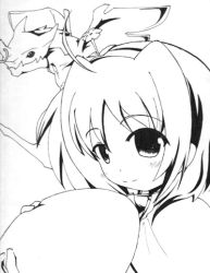 Rule 34 | 00s, 1girl, ahoge, blush, cape, caro ru lushe, closed mouth, dragon, eyebrows, flower, flower on head, flying, friedrich (nanoha), greyscale, hat, lyrical nanoha, magical girl, mahou shoujo lyrical nanoha, mahou shoujo lyrical nanoha strikers, monochrome, monster, sch, simple background, smile, solo, upper body, white background, wings