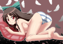 Rule 34 | 1girl, :3, ass, bad anatomy, bad feet, barefoot, bent over, black hair, blush, bow, breasts, feet, female focus, hair bow, large breasts, legs, long hair, panties, panties only, pillow, poorly drawn, red eyes, reiuji utsuho, smile, soles, solo, striped clothes, striped panties, toes, topless, touhou, underwear, underwear only, zerosu (take out)