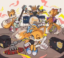 Rule 34 | 4boys, band, bass guitar, bracelet, commentary, cymbals, drum, drum set, drumsticks, electric guitar, english commentary, fingerless gloves, fox boy, furry, furry male, gloves, guitar, holding, holding drumsticks, instrument, jewelry, looking at viewer, male focus, mangey (sonic), mechanical arms, microphone, multiple boys, music, nine (sonic), one eye closed, orange fur, pholooo, playing instrument, plectrum, sails (sonic), signature, singing, sonic (series), sonic prime, stage, tails (sonic), white gloves