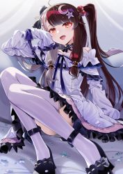 Rule 34 | 1girl, absurdres, dress, hair ornament, highres, kerorira, long hair, long sleeves, looking at viewer, multicolored hair, nijisanji, open mouth, purple thighhighs, red eyes, shoes, sitting, solo, split-color hair, thighhighs, twintails, virtual youtuber, yorumi rena, yorumi rena (3rd costume)