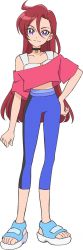 Rule 34 | 1girl, artist request, black neckwear, blue footwear, blue pants, choker, closed mouth, full body, hair between eyes, hand on own hip, highres, legs, long hair, looking at viewer, official art, pants, precure, purple eyes, red hair, red shirt, sandals, shirt, simple background, smile, solo, standing, takizawa asuka, tropical-rouge! precure, white background, white shirt