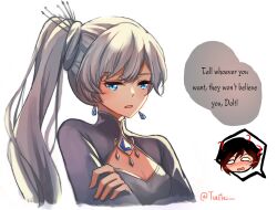 Rule 34 | ?, artist name, black hair, blue dress, blue eyes, blush, commentary, crossed arms, dress, earrings, english commentary, gradient hair, highres, jewelry, long hair, multicolored hair, open mouth, ponytail, red hair, ruby rose, rwby, speech bubble, tiara, tuemei, weiss schnee, white background, white hair