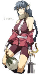 Rule 34 | 00s, 1girl, animal ears, arm guards, bandages, bare shoulders, bdsm, blue eyes, blue hair, bodysuit, bondage, bound, breasts, cat ears, chain, character name, collar, face, halterneck, hand on hilt, holding, impossible clothes, japanese clothes, jug (bottle), karulau, kimono, kyo (kuroichigo), large breasts, light smile, long hair, looking to the side, matching hair/eyes, off shoulder, planted, planted sword, planted weapon, ponytail, rope, sash, short kimono, simple background, sketch, slave, smile, solo, sword, tail, turtleneck, unitard, utawarerumono, very long hair, weapon, white background