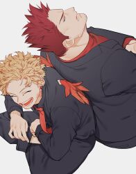 Rule 34 | 2boys, absurdres, back-to-back, black jacket, black shirt, blonde hair, boku no hero academia, commentary, earrings, endeavor (boku no hero academia), facial hair, goatee stubble, grey background, happy, hawks (boku no hero academia), highres, jacket, jewelry, long sleeves, male focus, mini wings, multiple boys, necklace, necktie, open mouth, pon52io, red hair, red necktie, red shirt, red wings, scar, scar on neck, shirt, short hair, sitting, sparse stubble, stubble, symbol-only commentary, wings