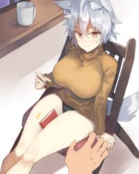 Rule 34 | 1girl, alternate costume, animal ear fluff, animal ears, arm support, bad id, bad pixiv id, bare legs, between legs, black panties, blush, book, breasts, brown shirt, chair, commentary request, cup, feet out of frame, from above, hair between eyes, inubashiri momiji, large breasts, long sleeves, looking at viewer, mug, no pants, panties, pov, red eyes, shadow, shirt, short hair, silver hair, simple background, sitting, smile, solo focus, suminagashi, tail, thick thighs, thighs, touhou, turtleneck, underwear, white background, windowsill, wolf ears, wolf tail