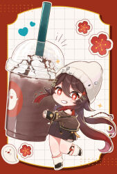 Rule 34 | 1girl, alternate costume, boo tao (genshin impact), brown hair, brown jacket, chibi, chocolate, cup, disposable cup, flower, flower-shaped pupils, fukaya miku, hair between eyes, hair ornament, hairclip, hat, highres, hu tao (genshin impact), jacket, long hair, long sleeves, looking at viewer, multicolored hair, red eyes, red hair, shoes, smile, symbol-shaped pupils, teeth, twintails, white hat, x hair ornament