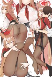 Rule 34 | 1boy, 1girl, animal ears, ass, black pantyhose, black skirt, blue archive, breasts, brown hair, closed eyes, collage, covered erect nipples, emirio (emirio110), fox ears, french kiss, grabbing, grabbing another&#039;s breast, grabbing from behind, halo, heart, hetero, high-waist skirt, highres, kiss, large breasts, looking at viewer, looking back, multiple views, neckerchief, panties, panties under pantyhose, pantyhose, red halo, red neckerchief, red shirt, rumi (blue archive), sensei (blue archive), shirt, side slit, simple background, skirt, smile, soles, steam, thigh strap, toes, tongue, tongue out, underwear, wet, wet clothes, wet shirt, white background, white panties, white shirt