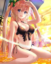 Rule 34 | 1girl, :d, alphatitus, animal, arm up, bikini, black bikini, black bow, blonde hair, blue eyes, bow, breasts, cleavage, day, fate/grand order, fate (series), front-tie bikini top, front-tie top, green bow, green hairband, hair between eyes, hair bow, hairband, highres, jeanne d&#039;arc (fate), jeanne d&#039;arc (ruler) (fate), jeanne d&#039;arc (swimsuit archer) (fate), jeanne d&#039;arc (swimsuit archer) (first ascension) (fate), jeanne d&#039;arc (swimsuit archer) (third ascension) (fate), long hair, looking at viewer, medium breasts, navel, open mouth, outdoors, side-tie bikini bottom, sideboob, sitting, smile, solo, swimsuit, twintails, very long hair, wariza