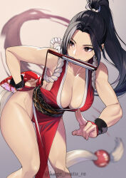 Rule 34 | 1girl, :&gt;, absurdres, bare shoulders, black hair, breasts, brown eyes, cleavage, collarbone, curvy, dress, fatal fury, high ponytail, highres, kagematsuri, large breasts, long hair, looking to the side, mouth hold, parted bangs, pelvic curtain, ponytail, red dress, revealing clothes, sash, shiny skin, shiranui mai, short dress, sidelocks, solo, the king of fighters, thighs, wide hips