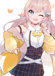 Rule 34 | 1girl, akata ina, blonde hair, blue eyes, blush, bow, bug, butterfly, choker, dress, flower, hair ornament, hairclip, indie virtual youtuber, insect, looking to the side, microphone, one eye closed, pale skin, purin a la mode (popup), smile, virtual youtuber