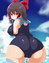 Rule 34 | 1girl, ass, bare shoulders, bow, breasts, brown hair, cameltoe, cookie (touhou), covered erect nipples, day, elbow gloves, gloves, hair bow, hair tubes, hakurei reimu, highres, large breasts, looking at viewer, looking back, onakon 3-nichi-me, one-piece swimsuit, outdoors, partially submerged, red eyes, reu (cookie), sailor collar, short hair, sky, swimsuit, thighs, touhou, v-shaped eyebrows, water, wet, wide hips