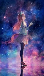 Rule 34 | 1girl, absurdres, animal ears, axleaki, black pantyhose, brown footwear, diffraction spikes, ear covers, from side, gloves, green eyes, high heels, highres, horse ears, horse girl, horse tail, long hair, long sleeves, looking away, looking up, nebula, orange hair, pantyhose, parted lips, pleated skirt, puffy sleeves, reflection, school uniform, shirt, shoes, sideways mouth, silence suzuka (umamusume), skirt, sky, solo, standing, star (sky), starry sky, tail, umamusume, white gloves