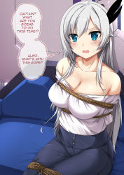 Rule 34 | 1girl, arms behind back, bare shoulders, bdsm, black pants, black ribbon, blue eyes, blush, bondage, bound, breasts, cecilia schariac, cleavage, collarbone, couch, english text, grey hair, hair between eyes, hair ribbon, highres, honkai (series), honkai impact 3rd, indoors, large breasts, long hair, looking at viewer, off-shoulder shirt, off shoulder, open mouth, pants, parted bangs, ribbon, rope, sheita, shirt, shirt tucked in, sidelocks, sitting, solo, sparkle, speech bubble, sweatdrop, talking, v-shaped eyebrows, white shirt, window