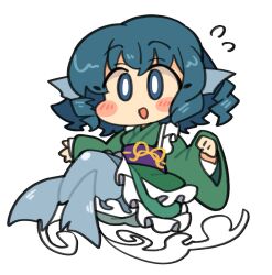 Rule 34 | 1girl, blue eyes, blue hair, blue tail, blush, drill hair, fins, full body, green kimono, head fins, ini (inunabe00), japanese clothes, kimono, long sleeves, mermaid, monster girl, obi, open mouth, sash, short hair, simple background, solo, touhou, wakasagihime, white background, wide sleeves