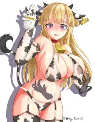 Rule 34 | 1girl, absurdres, animal ears, animal print, baby duck kai, bell, blonde hair, blue eyes, bottle, breasts, cleavage, closed mouth, cow ears, cow girl, cow horns, cow print, cow tail, cowbell, embarrassed, fletcher (kancolle), garter straps, highres, horns, kantai collection, kneehighs, large breasts, long hair, looking at viewer, milk bottle, navel, smile, socks, solo, tail