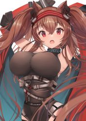 Rule 34 | 1girl, angelina (arknights), angelina (distinguished visitor) (arknights), animal ears, arknights, armpits, arms up, bad id, bad pixiv id, bare shoulders, belt, black leotard, breasts, brown hair, fox ears, hair between eyes, hairband, infection monitor (arknights), large breasts, leotard, long hair, looking at viewer, official alternate costume, open mouth, red eyes, red hairband, simple background, solo, taut clothes, twintails, upper body, very long hair, white background, yuzuruka (bougainvillea)