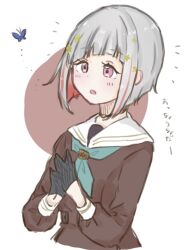 Rule 34 | 1girl, black choker, black gloves, blue butterfly, blue neckerchief, brown dress, bug, butterfly, choker, dress, gloves, grey hair, hair behind ear, hair ornament, insect, link! like! love live!, love live!, multicolored hair, neckerchief, o-ring, o-ring choker, open mouth, own hands together, red hair, riarii (h3c ms zzz3), sailor collar, school uniform, sketch, solo, star (symbol), star hair ornament, streaked hair, translation request, virtual youtuber, yugiri tsuzuri