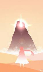 Rule 34 | androgynous, artist name, cloak, desert, diffraction spikes, gender request, highres, jazz jack, journey, lens flare, mountain, outdoors, scarf, silhouette, sky, solo, standing, traveler (journey)