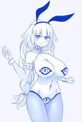 Rule 34 | 1girl, animal ears, blue theme, blunt bangs, blush, braid, braided ponytail, breasts, choker, cleavage, demia duodectet, elbow gloves, extra eyes, fake animal ears, gloves, highres, holding, holding test tube, ishuzoku reviewers, large breasts, long hair, looking at viewer, low-tied long hair, meme attire, monochrome, navel, rabbit ears, reverse bunnysuit, reverse outfit, sidelocks, single braid, smile, solo, standing, test tube, thigh gap, topless, very long hair, viperxtr, wrist cuffs