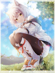 Rule 34 | 1girl, animal ear fluff, animal ears, blue sky, boots, cat ears, closed mouth, cloud, commentary, day, gold trim, grass, grey hair, hair between eyes, highres, hood, hooded jacket, jacket, looking at viewer, mio (xenoblade), off shoulder, outdoors, pantyhose, short hair, skirt, sky, smile, solo, sunlight, tree, ui frara, white footwear, white jacket, white skirt, xenoblade chronicles (series), xenoblade chronicles 3, yellow eyes