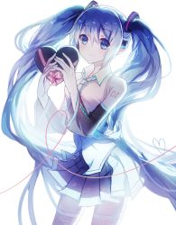 Rule 34 | 1girl, blue eyes, blue hair, box, cowboy shot, detached sleeves, hatsune miku, heart-shaped box, highres, long hair, looking at viewer, matching hair/eyes, necktie, skirt, solo, string, string of fate, thighhighs, twintails, valentine, very long hair, vocaloid, white background, you hashira