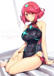 Rule 34 | 1girl, bare shoulders, black one-piece swimsuit, blush, breasts, closed mouth, competition swimsuit, covered navel, earrings, halcon, heart, highleg, highleg swimsuit, highres, hip focus, jewelry, large breasts, looking at viewer, nintendo, one-piece swimsuit, pyra (pro swimmer) (xenoblade), pyra (xenoblade), red eyes, red hair, short hair, sidelocks, simple background, sitting, smile, solo, swept bangs, swimsuit, thighs, tiara, wet, white background, xenoblade chronicles (series), xenoblade chronicles 2