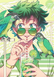 Rule 34 | 1boy, artist name, beak hold, bespectacled, bird, boku no hero academia, casual, collared shirt, commentary, condensation, cup, curly hair, drink, drinking, drinking glass, drinking straw, drinking straw in mouth, eyes visible through eyewear, eyes visible through hair, fashion, fingernails, food, freckles, fruit, garnish, glasses, gradient shirt, green-tinted eyewear, green eyes, green hair, green shirt, green theme, holding, holding cup, holding drink, holding drinking straw, ice, ice cube, leaf, leaf background, lemon, lemon slice, lime (fruit), looking at animal, lowah, midoriya izuku, mouth hold, multiple scars, outline, parrot, scar, scar on hand, shirt, short hair, signature, smile, sparkle, striped clothes, striped shirt, teeth, tinted eyewear, twitter username, two-tone background, undershirt, upper teeth only, watch, watermark, white outline, wristwatch, yellow-framed eyewear