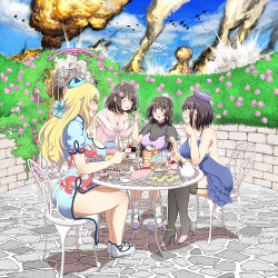 Rule 34 | 4girls, alternate costume, amanogami dai, atago (kancolle), bare shoulders, black hair, blonde hair, blue dress, blue sky, chair, china dress, chinese clothes, choukai (kancolle), comiket 96, dress, earrings, eating, explosion, gun, handgun, holding, holding spoon, jewelry, kantai collection, mauser c96, maya (kancolle), multiple girls, necklace, outdoors, purple headwear, sky, spoon, table, takao (kancolle), tea, war, weapon
