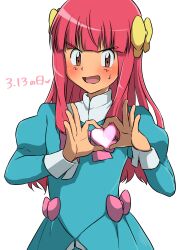 Rule 34 | 1boy, ashley (pokemon bw098), blush, bow, brown eyes, commentary request, creatures (company), crossdressing, dated, dress, embarrassed, game freak, green dress, hair bow, hands up, heart, heart hands, highres, kousuke (ko suke), long hair, long sleeves, looking at viewer, male focus, nintendo, open mouth, pink hair, pokemon, pokemon (anime), pokemon bw (anime), sidelocks, simple background, solo, sweatdrop, tongue, trap, white background, yellow bow