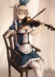 Rule 34 | 1girl, ahoge, apron, bad id, bad pixiv id, blue dress, breasts, chair, cleavage, closed mouth, dress, expressionless, frilled apron, frilled dress, frills, grey eyes, hairband, highres, instrument, long hair, medium breasts, music, original, pantyhose, playing instrument, puffy short sleeves, puffy sleeves, short sleeves, silver hair, sitting, snm (sunimi), solo, violin, waist apron, white pantyhose