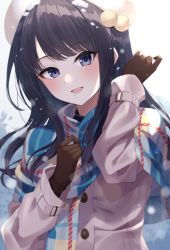 Rule 34 | 1girl, absurdres, black hair, blue eyes, blush, coat, commentary request, dot nose, gloves, hat, highres, idolmaster, idolmaster shiny colors, kazano hiori, kurousagi yuu, long hair, mole, mole under mouth, open mouth, scarf, smile, snow, winter clothes, winter coat, winter gloves