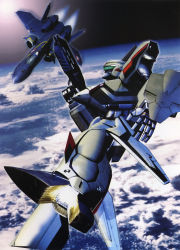 Rule 34 | 1990s (style), aircraft, airplane, cloud, fighter jet, floating, flying, gun, highres, jet, macross, macross plus, mecha, military, military vehicle, no humans, realistic, retro artstyle, rifle, robot, sky, space, spacecraft, starfighter, tenjin hidetaka, variable fighter, vehicle focus, weapon, yf-19, yf-21