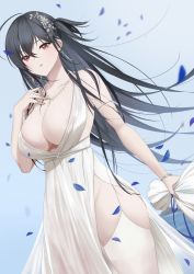 Rule 34 | 1girl, areola slip, armlet, azur lane, bare shoulders, black hair, bouquet, bracelet, breasts, cleavage, cloud, cloudy sky, collarbone, cowboy shot, day, dress, dutch angle, earrings, flower, garter straps, hair ornament, hand on own chest, highres, holding, holding bouquet, jewelry, large breasts, long hair, looking at viewer, necklace, official alternate costume, one side up, outdoors, oxygen mask (oxygenmask233), parted lips, pelvic curtain, petals, red eyes, see-through, sky, sleeveless, sleeveless dress, solo, taihou (azur lane), taihou (temptation on the sea breeze) (azur lane), thighhighs, very long hair, white thighhighs