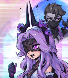 Rule 34 | 1boy, 1girl, bare shoulders, black bodysuit, black gloves, black sclera, blindfold, bodysuit, braid, brown hair, character request, clenched hand, colored sclera, covered mouth, emphasis lines, eyes visible through eyewear, flower, gloves, grey eyes, hair flower, hair ornament, hand up, horns, league of legends, long hair, open mouth, parted hair, phantom ix row, pink eyes, pink hair, purple flower, shiny skin, syndra, withered rose syndra, zed (league of legends)