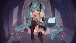 Rule 34 | 1girl, apple, aqua eyes, aqua hair, black skirt, black sleeves, black thighhighs, bottle, commentary, computer, curtains, detached sleeves, downblouse, fisheye, food, fruit, grey shirt, hatsune miku, headphones, highres, indoors, laptop, long hair, looking at viewer, necktie, number tattoo, open mouth, pleated skirt, refrigerator, shirt, shoulder tattoo, sitting, sitting on table, skirt, sleeveless, sleeveless shirt, solo, tattoo, thighhighs, twintails, very long hair, vocaloid, yuunagi show