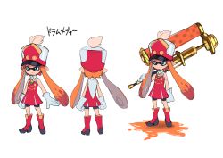 Rule 34 | 1girl, absurdres, band uniform, bare shoulders, bike shorts, blue eyes, boots, character sheet, dynamo roller, gloves, hat, highres, inkling, inkling girl, inkling player character, long hair, marching band, monster girl, nintendo, official art, orange hair, over shoulder, paint roller, pointy ears, pout, pouty lips, shako cap, shorts, shorts under skirt, simple background, skirt, smile, splatoon (series), splatoon 1, tentacle hair, translation request, weapon, weapon over shoulder, whistle, white gloves