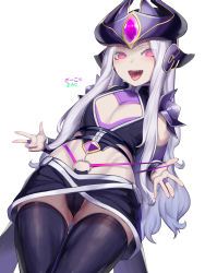 Rule 34 | 1girl, :d, absurdres, armor, black panties, black shirt, black skirt, black thighhighs, cameltoe, commentary request, crop top, detached sleeves, ear protection, eyes visible through hair, flat chest, forehead protector, from below, gem, heart, highres, kumiko shiba, league of legends, long hair, looking at viewer, midriff, miniskirt, nail polish, naughty face, o-ring, o-ring bottom, open mouth, panties, pink eyes, pink nails, purple headwear, shirt, shoulder armor, sidelocks, simple background, skirt, sleeveless, sleeveless shirt, smile, solo, standing, strap pull, syndra, thigh gap, thighhighs, underwear, upskirt, vambraces, w, white background, white hair, aged down