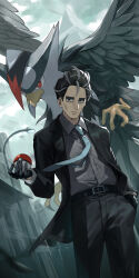 Rule 34 | 1boy, absurdres, bird, black hair, black jacket, black pants, building, closed mouth, collared shirt, commentary request, creatures (company), frown, game freak, gen 4 pokemon, green necktie, grey shirt, highres, jacket, lamppost, larry (pokemon), looking down, male focus, multicolored hair, necktie, nintendo, open clothes, open jacket, outdoors, pants, pokemon, pokemon (creature), pokemon sv, shirt, short hair, staraptor, streaked hair, two-tone hair, utkw n