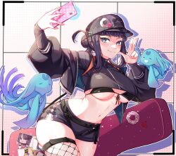 Rule 34 | 1girl, absurdres, badge, baseball cap, bikini, bikini under clothes, black bikini, black jacket, black shirt, blue eyes, blush, breasts, button badge, camouflage, camouflage headwear, cellphone, cleavage, cropped shirt, fate/grand order, fate (series), fishnet thighhighs, fishnets, hair ornament, hat, highres, instrument case, jacket, large breasts, leaf hair ornament, long hair, long sleeves, mentaikopan, open clothes, open jacket, phone, purple hair, selfie, shirt, sidelocks, smile, swimsuit, thighhighs, thighs, yang guifei (event portrait) (fate), yang guifei (fate)