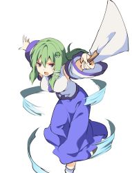 Rule 34 | &gt;:o, 1girl, :o, bad id, bad twitter id, blue skirt, blush, breasts, detached sleeves, foreshortening, frog hair ornament, gohei, green eyes, green hair, hair between eyes, hair ornament, hasebe yuusaku, japanese clothes, kochiya sanae, large breasts, leaning forward, long hair, long skirt, long sleeves, looking at viewer, miko, nontraditional miko, open mouth, outstretched arms, shirt, sidelocks, skirt, sleeveless, sleeveless shirt, snake hair ornament, solo, spread arms, standing, touhou, v-shaped eyebrows, white shirt, wide sleeves