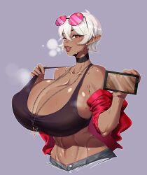 Rule 34 | 1girl, abs, absurdres, bare shoulders, black bra, black choker, bra, breasts, cellphone, choker, cleavage, colette belrose, collarbone, dark-skinned female, dark elf, dark skin, earrings, elf, eyewear on head, final fantasy, final fantasy xiv, grey background, highres, hiradeira, holding, holding phone, huge breasts, jacket, jewelry, looking at viewer, mole, mole on breast, navel, necklace, off shoulder, open clothes, open jacket, open mouth, phone, pink-tinted eyewear, pointy ears, red eyes, red jacket, round eyewear, short hair, simple background, smartphone, smile, solo, star (symbol), star necklace, sunglasses, tinted eyewear, underwear, upper body, white hair