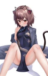 Rule 34 | 1girl, animal ears, bare legs, bare shoulders, black dress, black jacket, blue archive, blush, breasts, brown hair, cat ears, cat tail, china dress, chinese clothes, closed mouth, commission, cosplay, covered navel, dragon print, dress, feet out of frame, hairband, highres, jacket, kisaki (blue archive), kisaki (blue archive) (cosplay), knees up, legs, looking at viewer, mole, mole under eye, nay, off shoulder, open clothes, open jacket, orange eyes, original, pelvic curtain, print dress, prunechi, revision, short hair, simple background, single bare shoulder, sitting, sleeveless, sleeveless dress, small breasts, solo, striped clothes, striped jacket, sweatdrop, tail, thighs, white background