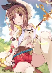Rule 34 | 1girl, atelier (series), atelier ryza, atelier ryza 1, belt, blue sky, breasts, brown eyes, brown gloves, brown hair, brown thighhighs, cleavage, cloud, commentary request, day, futatsukiaiji, gloves, grass, hair ornament, hairclip, hat, highres, jewelry, looking at viewer, medium breasts, navel, necklace, open mouth, petals, red shorts, reisalin stout, short hair, short shorts, shorts, single glove, sitting, sky, solo, thighhighs, thighs, white hat, white thighhighs