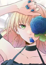 Rule 34 | 1girl, absurdres, blonde hair, blue flower, blue nails, blue petals, blue rose, collarbone, commentary request, earrings, fingernails, flower, green eyes, hair over one eye, hand on own head, heanna sumire, highres, jewelry, kashikaze, leaf, long hair, love live!, love live! superstar!!, nail polish, parted lips, petals, portrait, rose, rose petals, short sleeves, solo, stud earrings, textless version