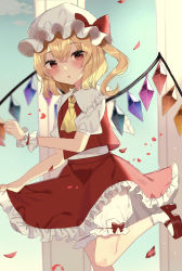 Rule 34 | 1girl, absurdres, ascot, blonde hair, blurry, blush, bow, depth of field, diamond (shape), dot nose, falling petals, flandre scarlet, frilled hat, frilled shorts, frilled skirt, frills, hair bow, hat, heel up, highres, light particles, looking at viewer, parted lips, petals, platform footwear, platform heels, puffy short sleeves, puffy sleeves, rainbow wings, red bow, red eyes, red footwear, red skirt, red vest, short sleeves, shorts, skirt, solo, standing, standing on one leg, touhou, vest, white hat, white shorts, wings, yellow ascot, yumeno ruruka