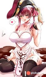 Rule 34 | 1girl, apron, bare shoulders, bicorne, black hat, blush, breasts, chocolate, cleavage, collarbone, hair ribbon, hat, heart, heterochromia, highres, hololive, hololive fantasy, houshou marine, large breasts, long hair, looking at viewer, naked apron, open mouth, piukute062, red eyes, red hair, red ribbon, ribbon, sitting, smile, solo, spoken heart, thighs, twintails, virtual youtuber, wariza, yellow eyes